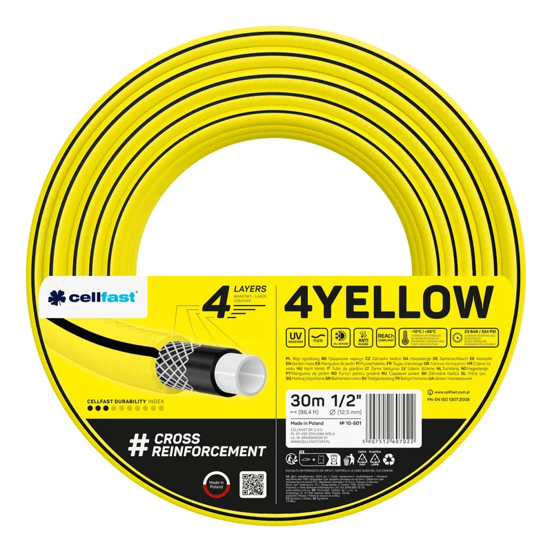 Cellfast Aluplus slangvagn 1/2" 60 m + Cellfast 4YELLOW trädgårdsslang 1/2" 30 m + set med Cellfast Basic rak sprinkler 1/2"