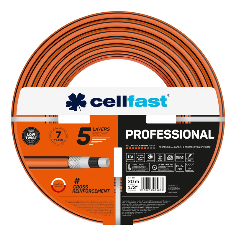 Cellfast Aluplus slangvagn 1/2" 60 m + Cellfast trädgårdsslang, PROFESSIONAL 1/2" 20 m + Set med Cellfast Basic rak sprinkler 1/2"