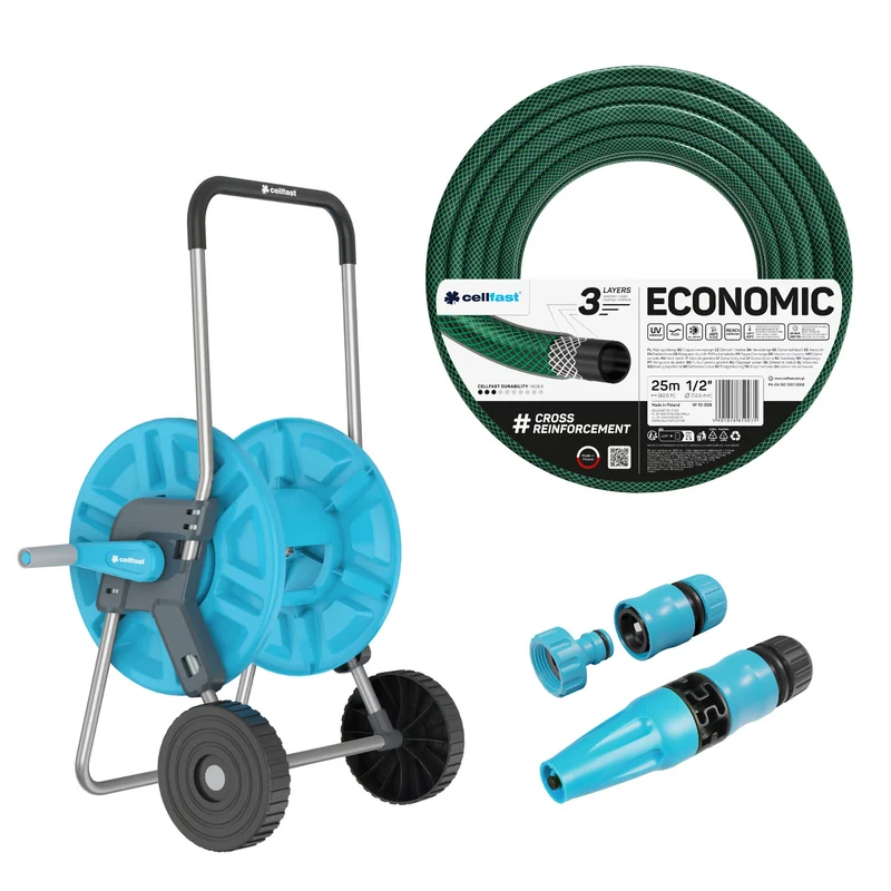 Slangvagn Cellfast Aluplus 1/2" 60 m + trädgårdsslang Cellfast Economic 1/2" 25 m + set med rak sprinkler Cellfast Basic 1/2"