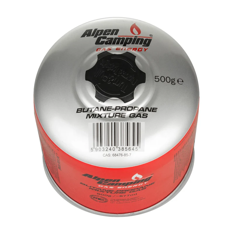 4x 500g Alpen Camping gaspatron, certifikat: Pi 0437, enligt EN417, propan-butan, intervall -10°c till + 40°c, 7/16" ventil IK008