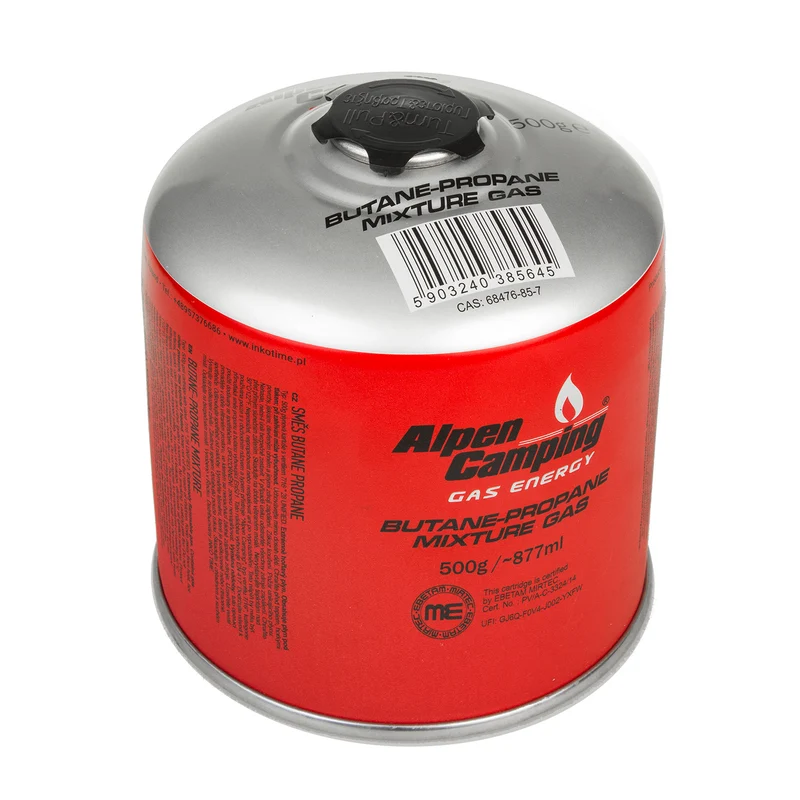 6x Alpen Camping 500g gaspatron. certifikat: Pi 0437, enligt EN417, propan-butan, intervall -10°c till + 40°c, 7/16" ventil IK008
