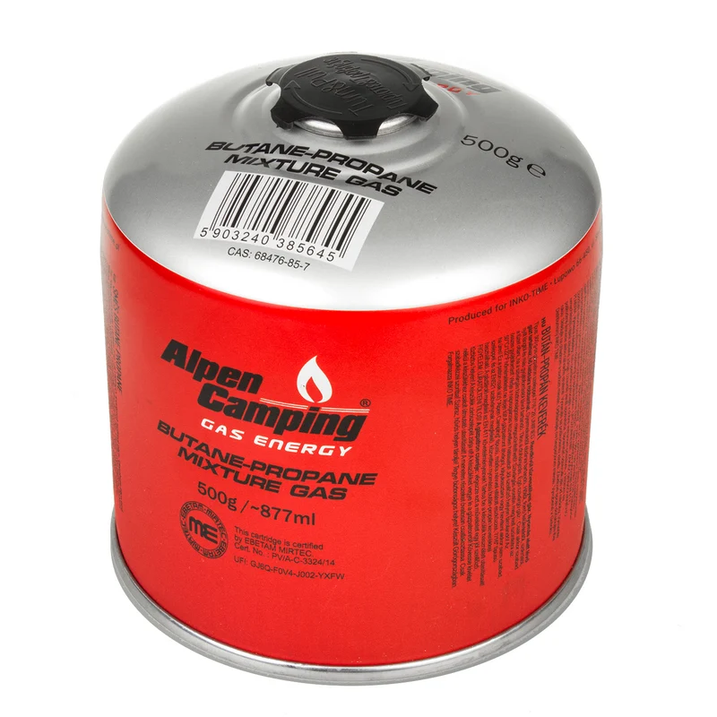 3x Alpen Camping gaspatron 500 g. Certifikat: Pi 0437, uppfyller EN417, propan-butan, område -10°c till + 40°c, 7/16" ventil IK008