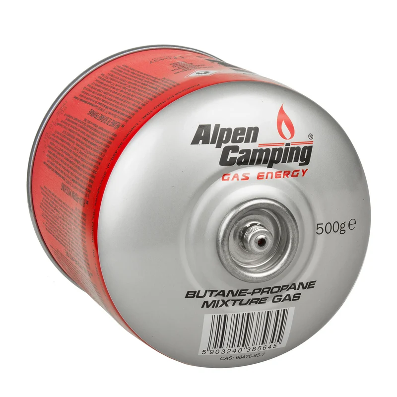 2x 500g Alpen Camping gaspatron. certifikat: Pi 0437, enligt EN417, propan-butan, intervall -10°c till + 40°c, 7/16" ventil IK008