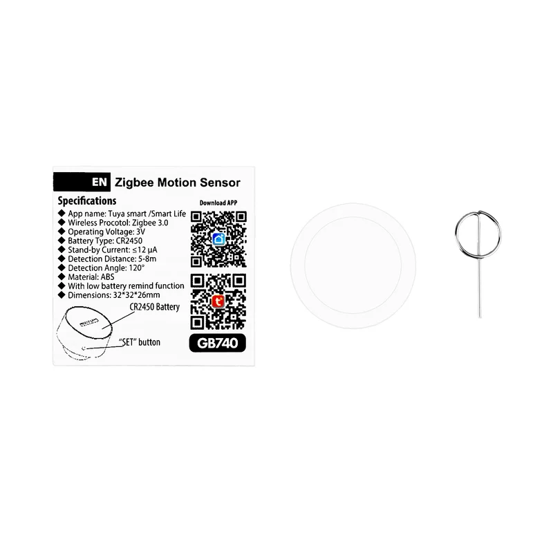Trådlös rörelsesensor Zigbee Tuya GreenBlue, Android/iOS, CR2450 DC 3,0 V, detekteringsvinkel 120° / upp till 8 m, GB740