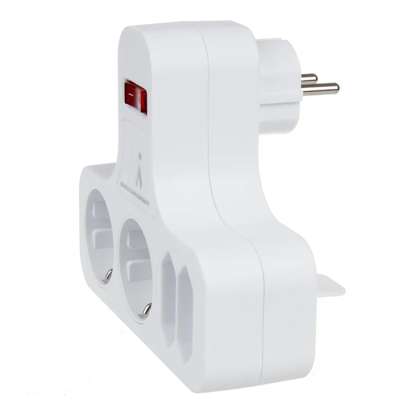 Maclean Power Socket, fyrdubbelt med av/på-knapp, stabiliseringsfot, Schuko typ, 2x2.5A, 2x16A, MCE224
