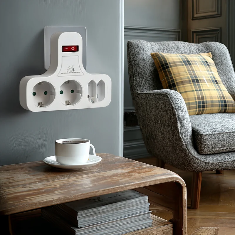 Maclean Power Socket, fyrdubbelt med av/på-knapp, stabiliseringsfot, Schuko typ, 2x2.5A, 2x16A, MCE224