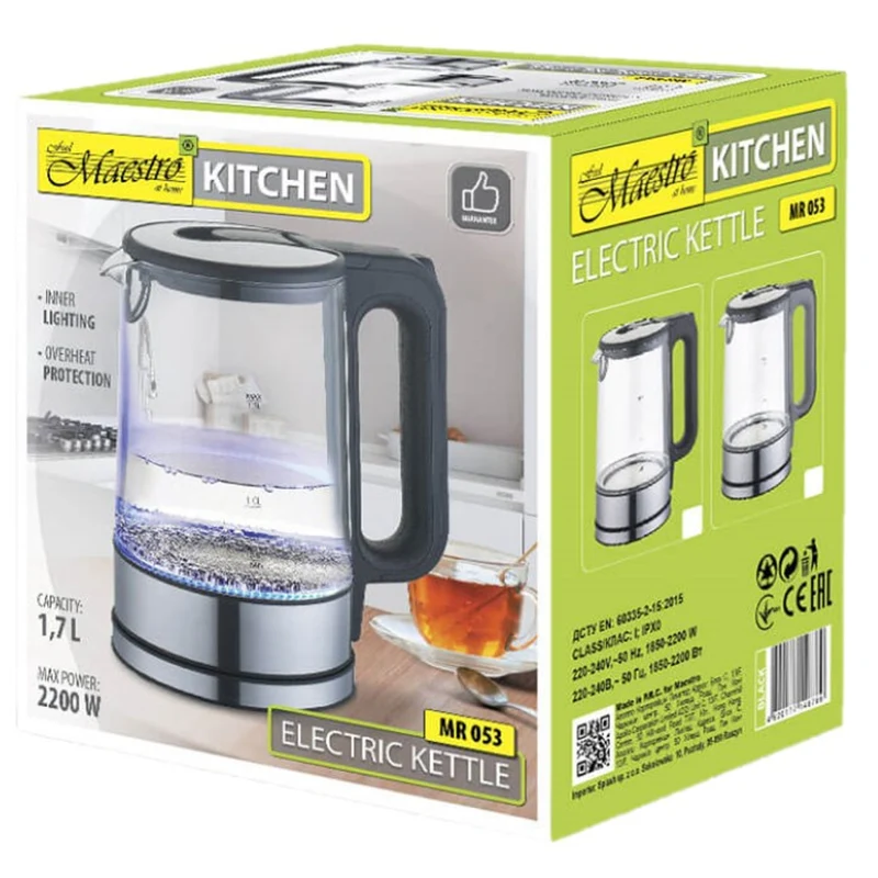 Maestro MR-053 Elektrisk Vattenkokare I Glas Med Innerljus 1,7L 360 Graders Bas Autoavstängning Antikalkfilter Vattennivåindikator 220-240V, ~50Hz, 2200W
