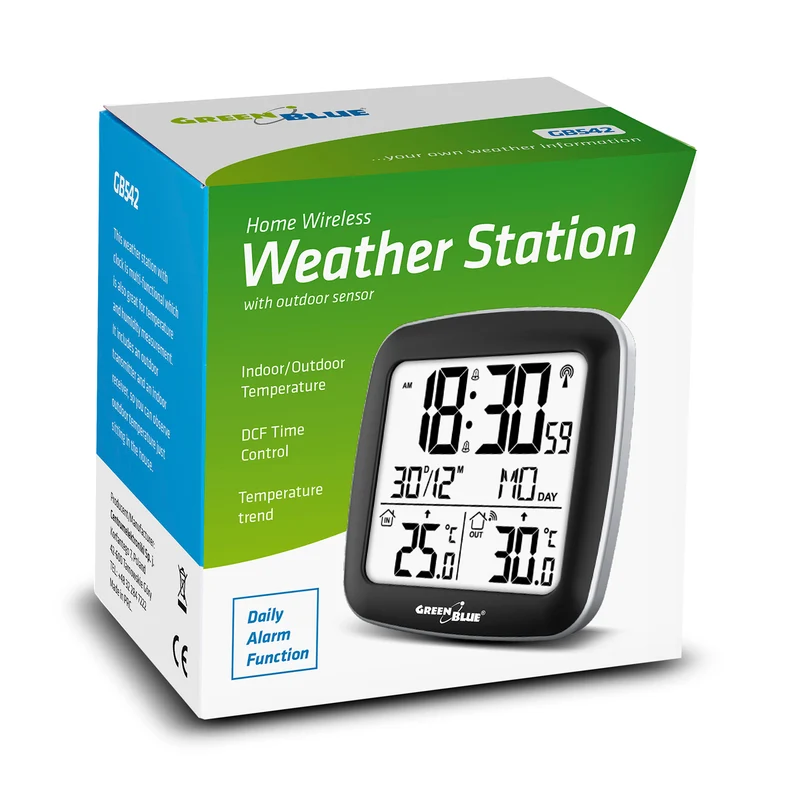 Trådlös väderstation, GreenBlue, GB542, Hygrometer, barometer, väderprognos, färgdisplay, temperatur- och fuktighetsprognos, belyst display, svart