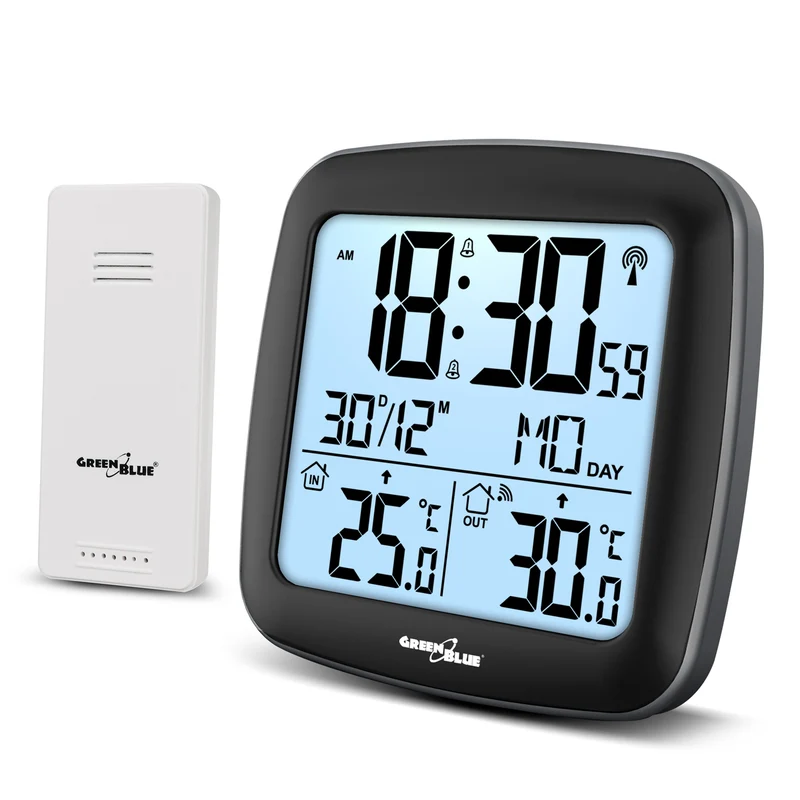 Trådlös väderstation, GreenBlue, GB542, Hygrometer, barometer, väderprognos, färgdisplay, temperatur- och fuktighetsprognos, belyst display, svart