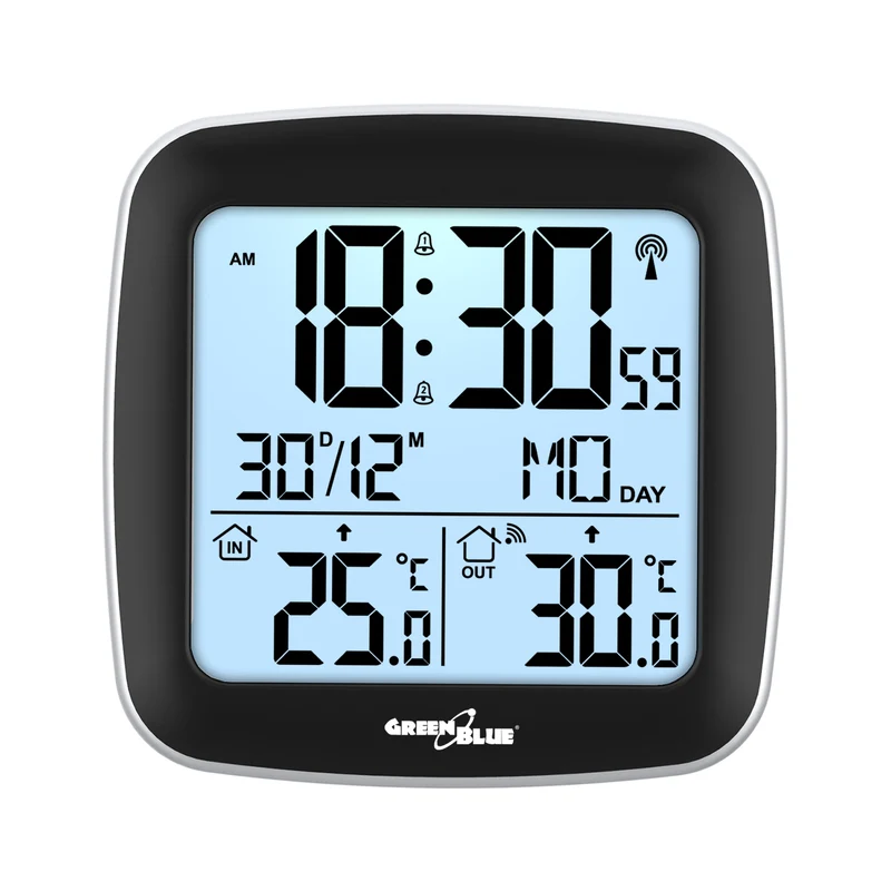 Trådlös väderstation, GreenBlue, GB542, Hygrometer, barometer, väderprognos, färgdisplay, temperatur- och fuktighetsprognos, belyst display, svart