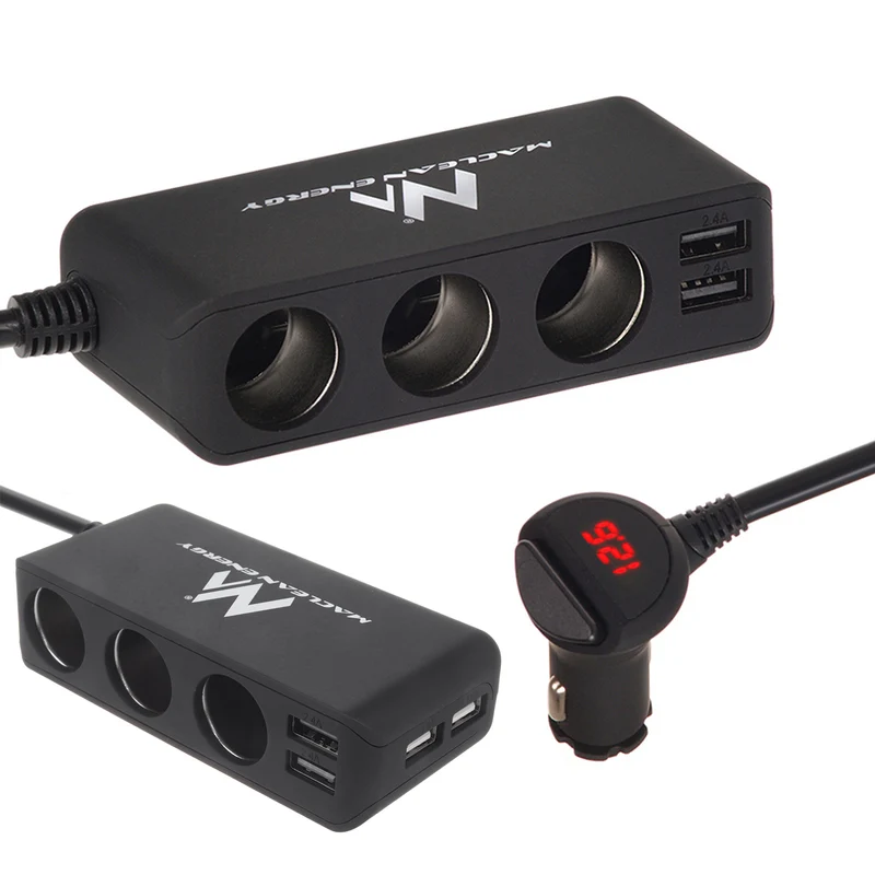 Maclean MCE117 Biltändaruttagsfördelare Vvoltmeter 3 Tändaruttag 2 Främre Portar 2 x 2,4A 2 Sidoportar 2 x 1A Max 120W Svart Gummerad