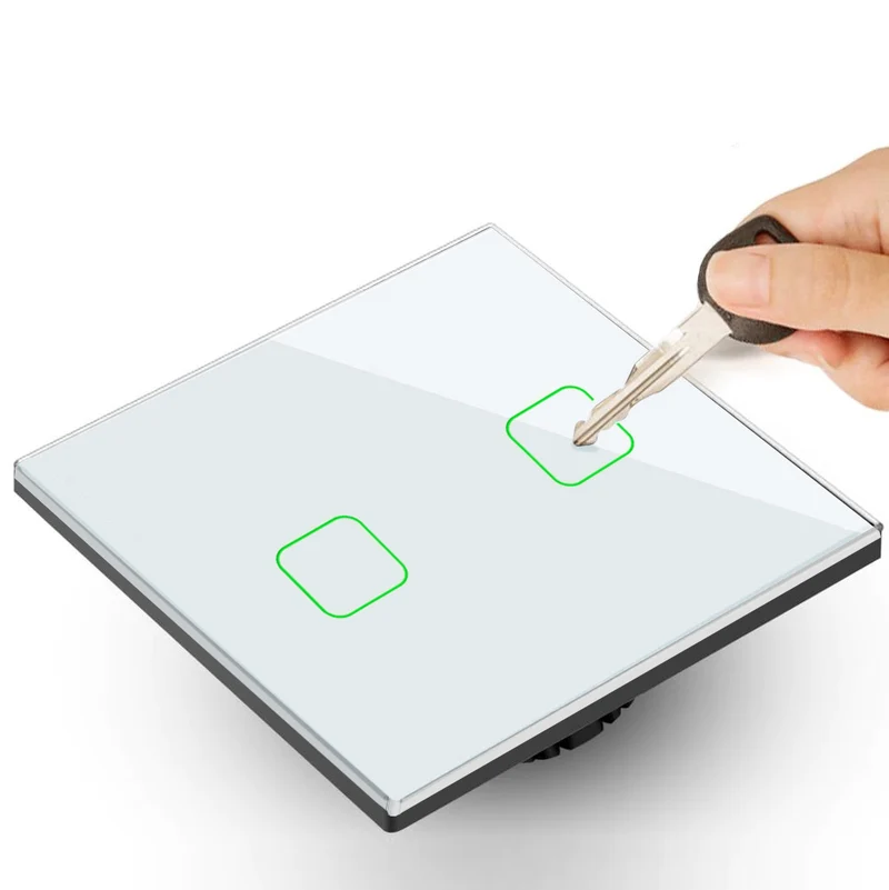 Maclean Energy MCE701W Touch-ljusbrytare, enkel, glas, vit med fyrkantig knapp, mått 86x86mm, med knappbelysning