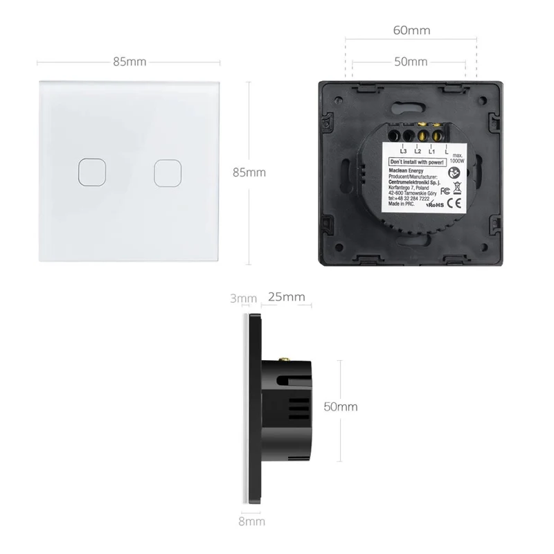Maclean Energy MCE701W Touch-ljusbrytare, enkel, glas, vit med fyrkantig knapp, mått 86x86mm, med knappbelysning