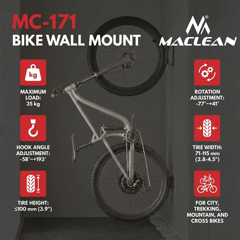 Maclean cykelhållare/vägghängare, max. belastning 35 kg, justerbar lutningsvinkel, stål, MC-171, 4 stycken