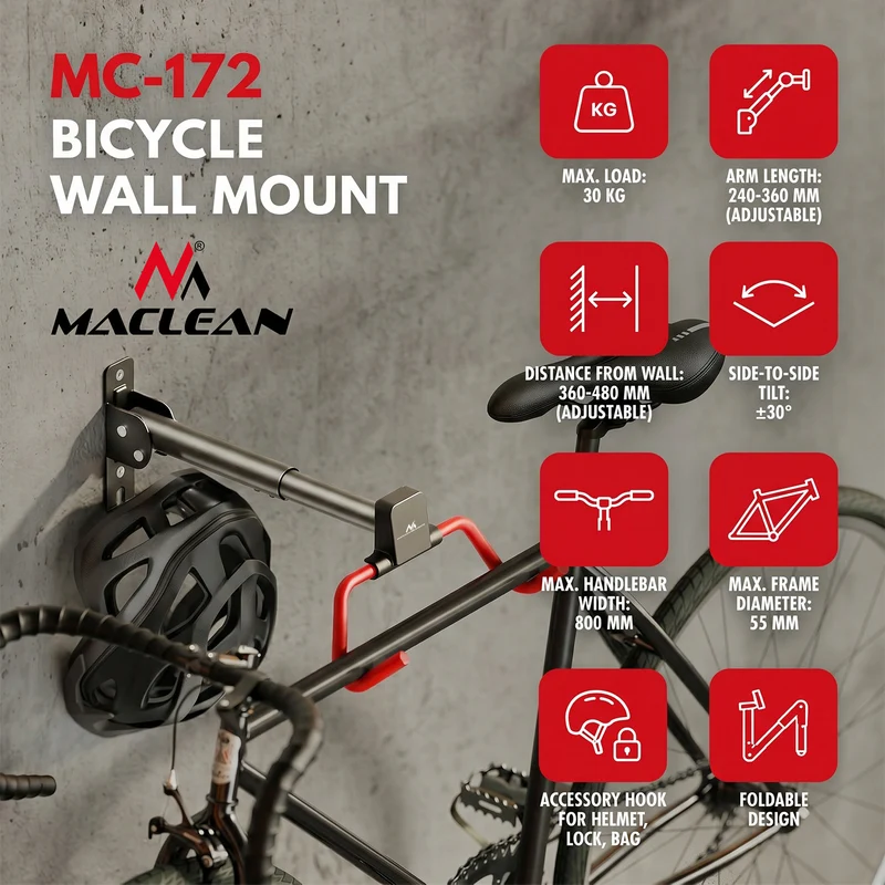 Maclean cykelhållare/vägghängare, horisontell, stål, max. belastning 30 kg, vinkeljusterbar, MC-172, 2 st.