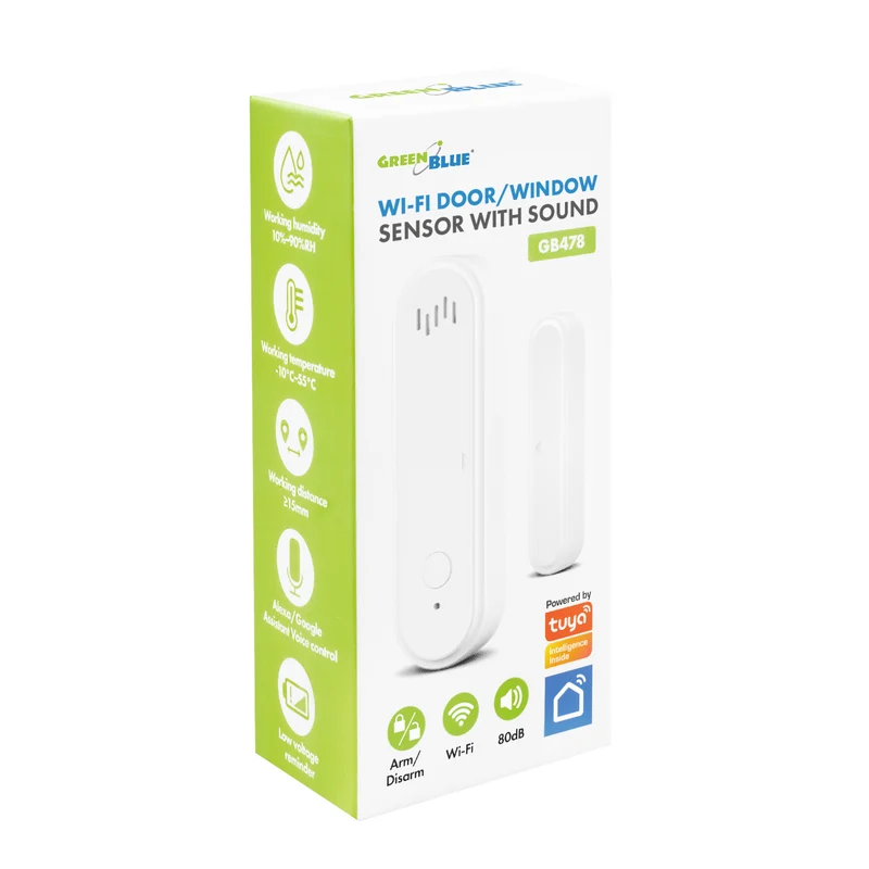 Trådlös kontaktor/öppningssensor via WiFi från GreenBlue, Android/iOS, för dörrar/fönster, 3,0 V DC, LR03x2, med larm, GB478 + 2 st R-03 LR03 AAA-alkaliska batterier från Varta Industrial 4003