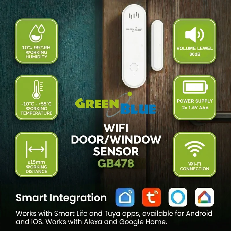 Trådlös kontaktor/öppningssensor med WiFi från GreenBlue, Android/iOS, för dörrar/fönster, 3,0 V DC, LR03x2, med larm, GB478 2 st + 4 st AAA-alkaliska batterier Varta Industrial 4003