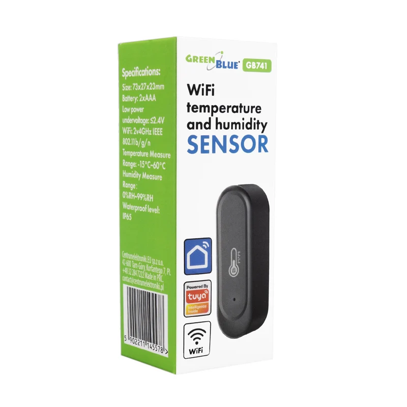 GreenBlue extern WiFi-sensor för temperatur och luftfuktighet, Android/iOS, 3,0 V DC, LR03x2, IP65, GB741 + 2 st. R-03 LR03 AAA-alkaliska batterier från Varta Industrial 4003
