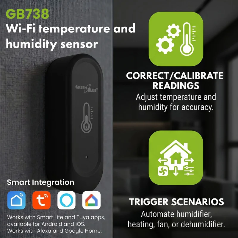 GreenBlue extern WiFi-sensor för temperatur och luftfuktighet, Android/iOS, 3,0 V DC, LR03x2, IP65, GB741, 2 st + 4 st AAA-alkaliska batterier Varta Industrial 4003