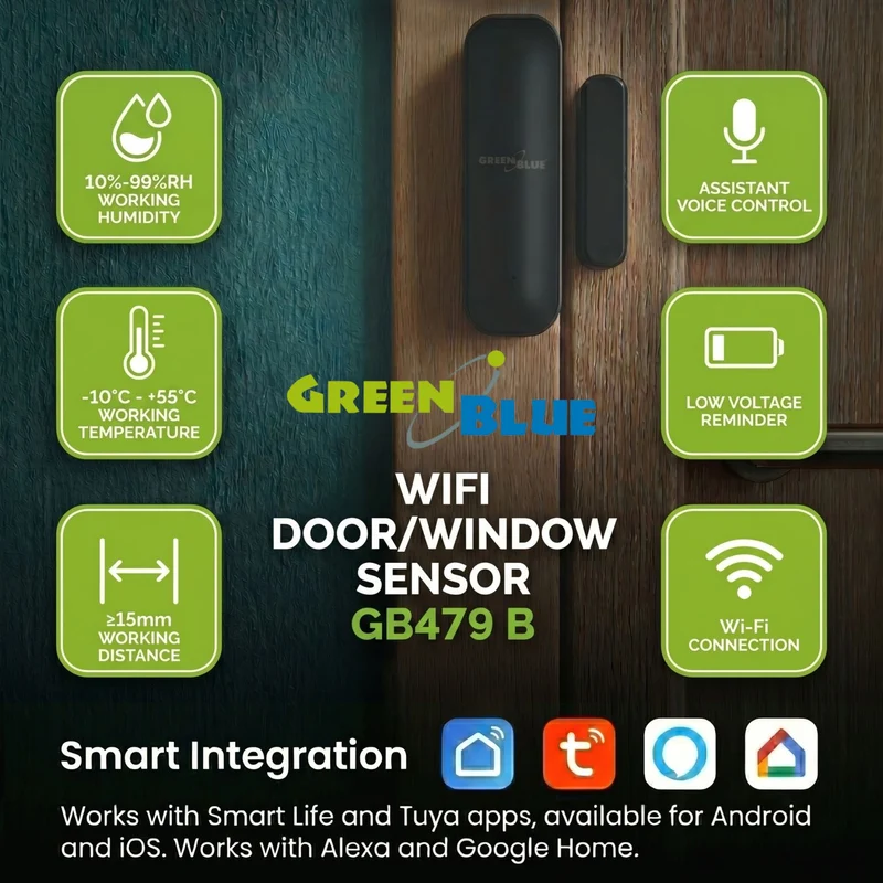 Trådlös kontaktor/öppningssensor med WiFi från GreenBlue, Android/iOS, för dörrar/fönster, 3,0 V DC, LR03x2, GB479 B, 2 st + 4 st AAA-alkaliska batterier från Varta Industrial 4003