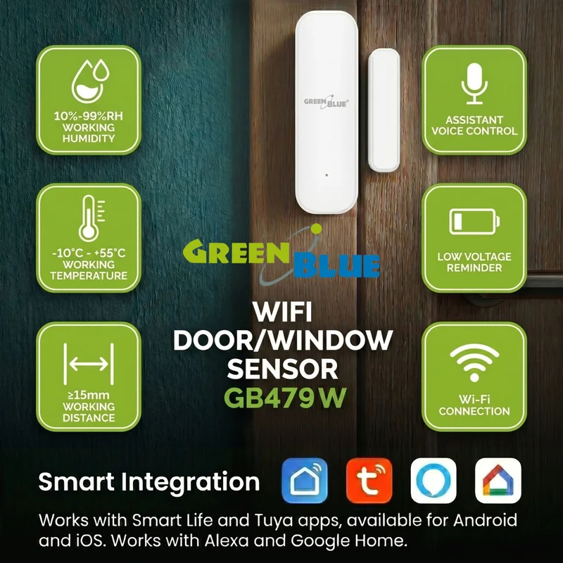 Trådlös kontaktor/öppningssensor med WiFi från GreenBlue, Android/iOS, för dörrar/fönster, 3,0 V DC, LR03x2, GB479 W + 2 st R-03 LR03 AAA-alkaliska batterier från Varta Industrial 4003