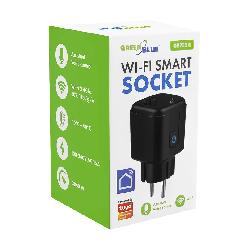 GreenBlue fjärrstyrt WiFi-uttag, Android/iOS/Alexa/Google Home, timer, effektmätare, max 16 A/3840 W, GB735 B, 3 stycken