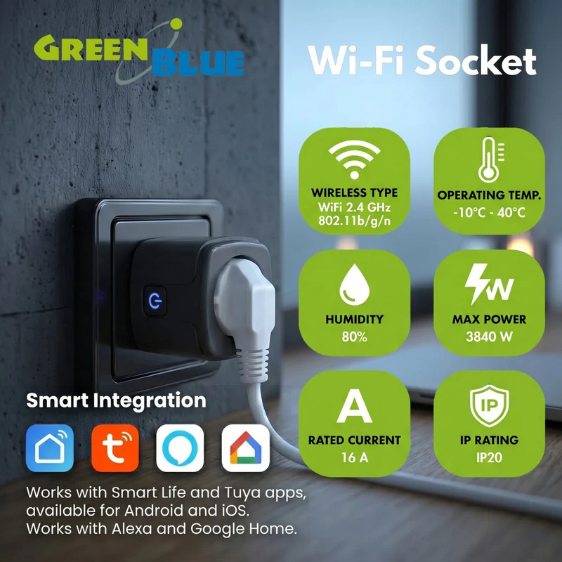GreenBlue fjärrstyrt WiFi-uttag, Android/iOS/Alexa/Google Home, timer, effektmätare, max 16 A/3840 W, GB735 B, 3 stycken