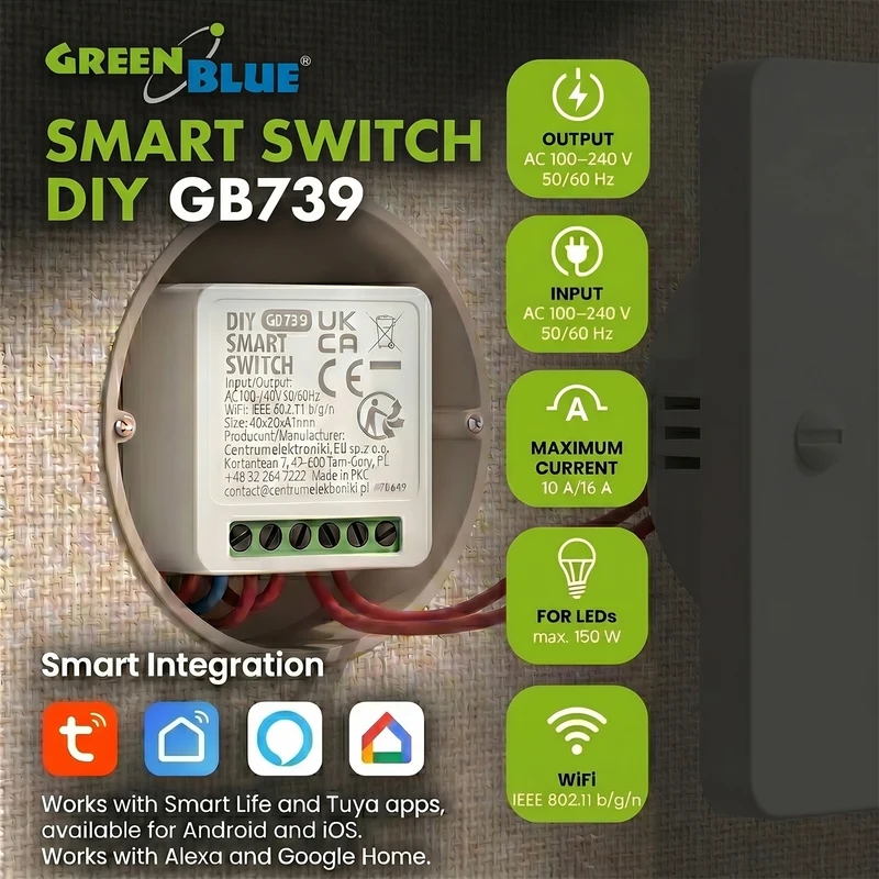 GreenBlue WiFi-relä för infälld montering, Android/iOS/Alexa/Google Home, 100–240 V AC, 50/60 Hz, max. 16 A, för LED 150 W, GB739, 3 st.