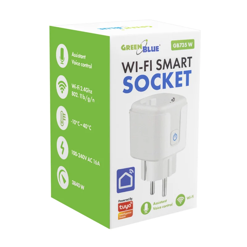 GreenBlue fjärrstyrt WiFi-uttag, Android/iOS/Alexa/Google Home, timer, effektmätare, max 16 A/3840 W, GB735 W, 3 stycken