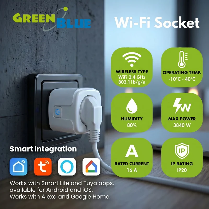 GreenBlue fjärrstyrt WiFi-uttag, Android/iOS/Alexa/Google Home, timer, effektmätare, max 16 A/3840 W, GB735 W, 3 stycken