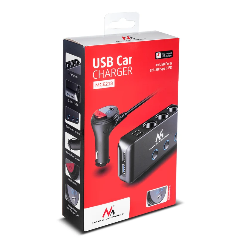 Maclean MCE218 USB-billaddare - 3 biluttag 1x Quick Charge 3.0, 3xUSB 6.8A, 1x strömförsörjning 18W, max 120W