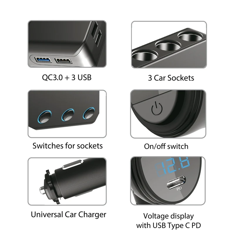 Maclean MCE218 USB-billaddare - 3 biluttag 1x Quick Charge 3.0, 3xUSB 6.8A, 1x strömförsörjning 18W, max 120W