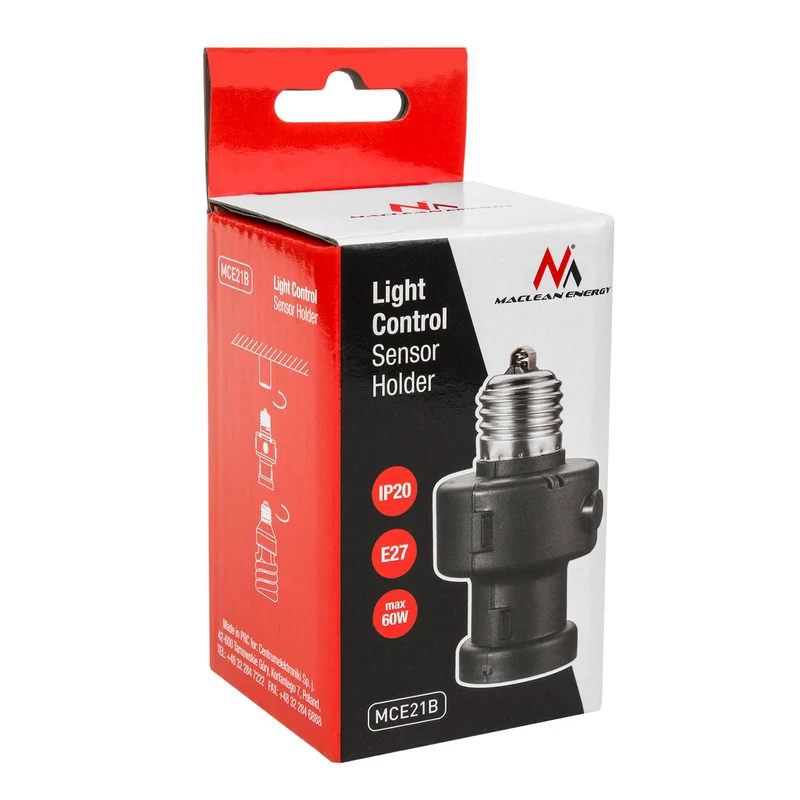 Maclean E27-lamphållare, 100W, med skymningssensor, timer, MCE21B