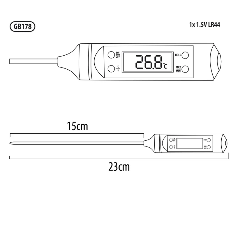 Termometer / sond för mat, GreenBlue, sondlängd 15 cm, temperaturintervall -50 grader C till +300 grader C, noggrannhet 0,1 grader C, GB178