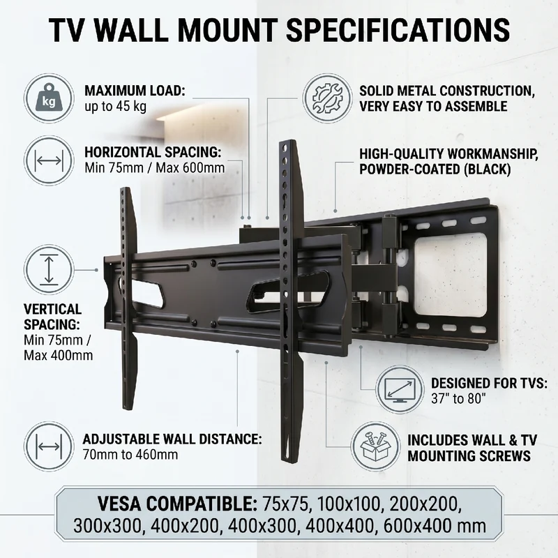Maclean TV-fäste, universal, max VESA 600x400, 37-80" 45kg, svart, MC-723 B