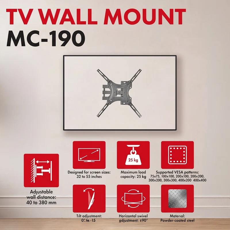TV-fäste/hängare Maclean, max VESA 400x400, 32–55 tum, upp till 25 kg, svart, lutningsjustering 0°–-15° och vridning +90°–-90°, MC-190