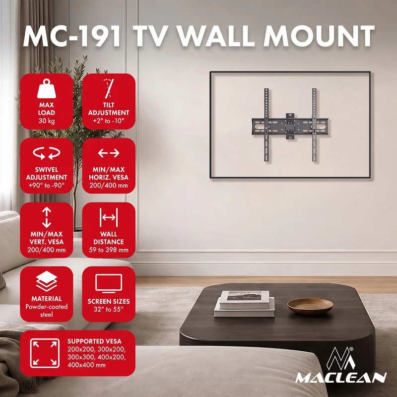 TV-fäste/hängare Maclean, max VESA 400x400, 32–55 tum, upp till 30 kg, svart, lutningsjustering +2°–-10° och vridning +90°–-90°, MC-191