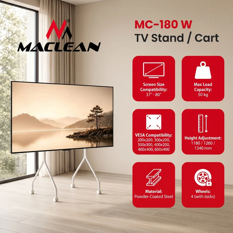 TV-stativ/vagn Maclean, på hjul, 37–80", max. belastning 50 kg, max. VESA 600x400, vit, MC-180 W