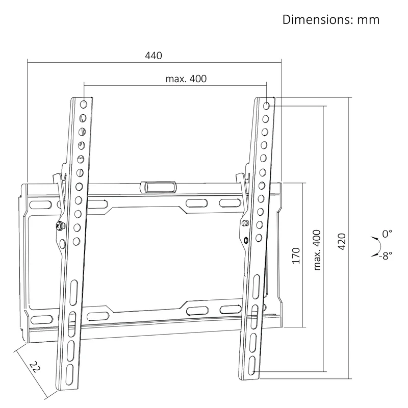 TV-fäste/hängare Maclean, max VESA 400x400, 32–75 tum, upp till 45 kg, svart, lutningsjustering 0°–-8°, MC-187