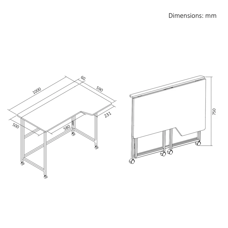 Maclean hopfällbart skrivbord, vitt, flyttbart, 100x65 cm, max. 50 kg, vinklat, L-format, MC-1250 L/W