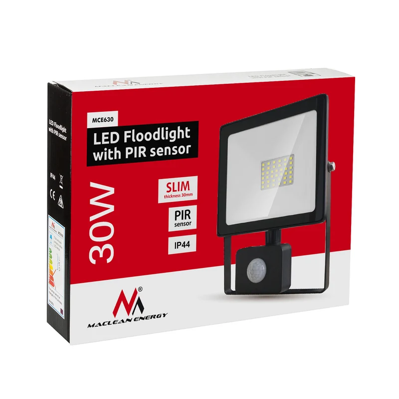 2x LED-strålkastare med Maclean rörelsedetektor, slim 30W, 2400lm, neutral vit (4000K), IP44, MCE630 NW PIR