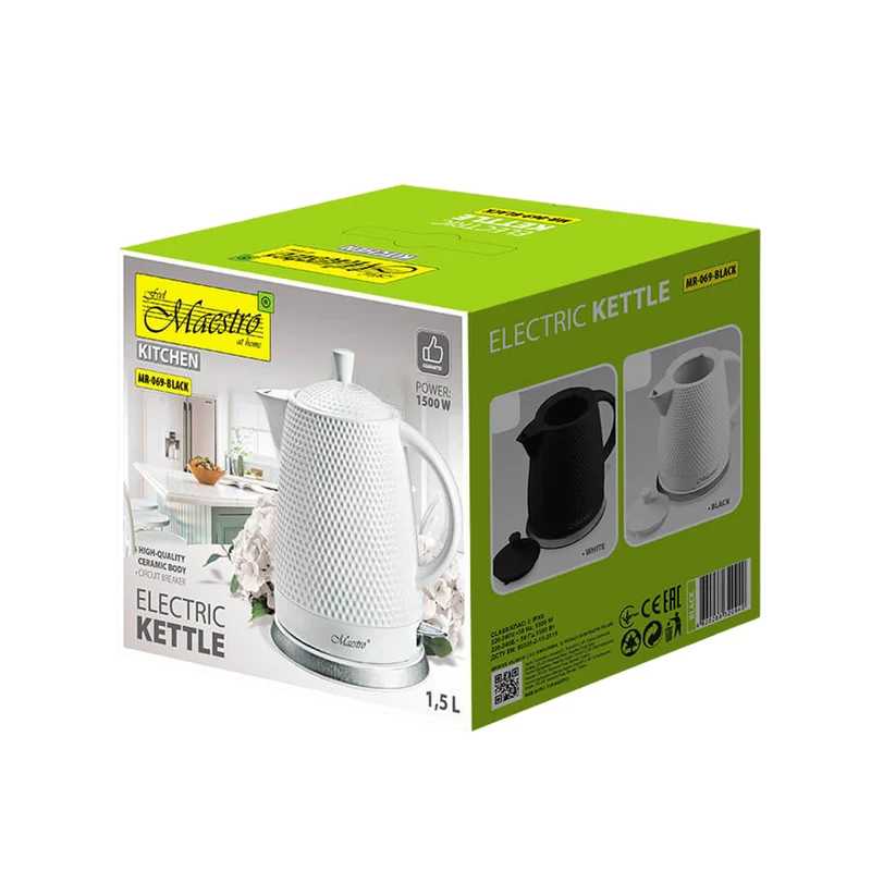 Maestro keramisk vattenkokare, 1,5 liter, 1500W, svart, MR069 UK-kontakt