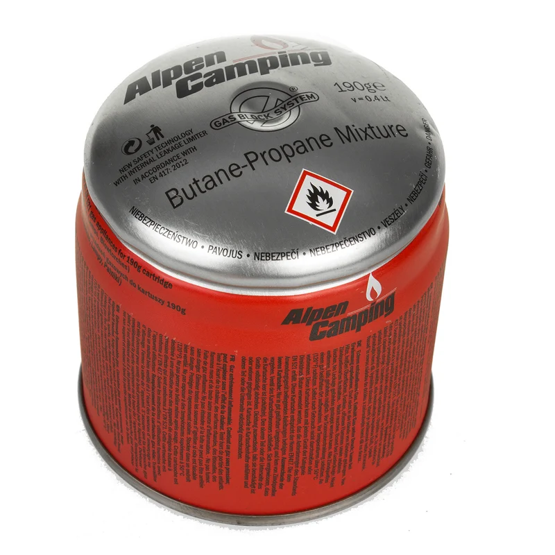 12x Alpen Camping 400 ml gaspatron, certifikat: Pi 0437, överensstämmer med EN417, propan-butan, område -10°c till + 40°c, GAS STOP-system IK006