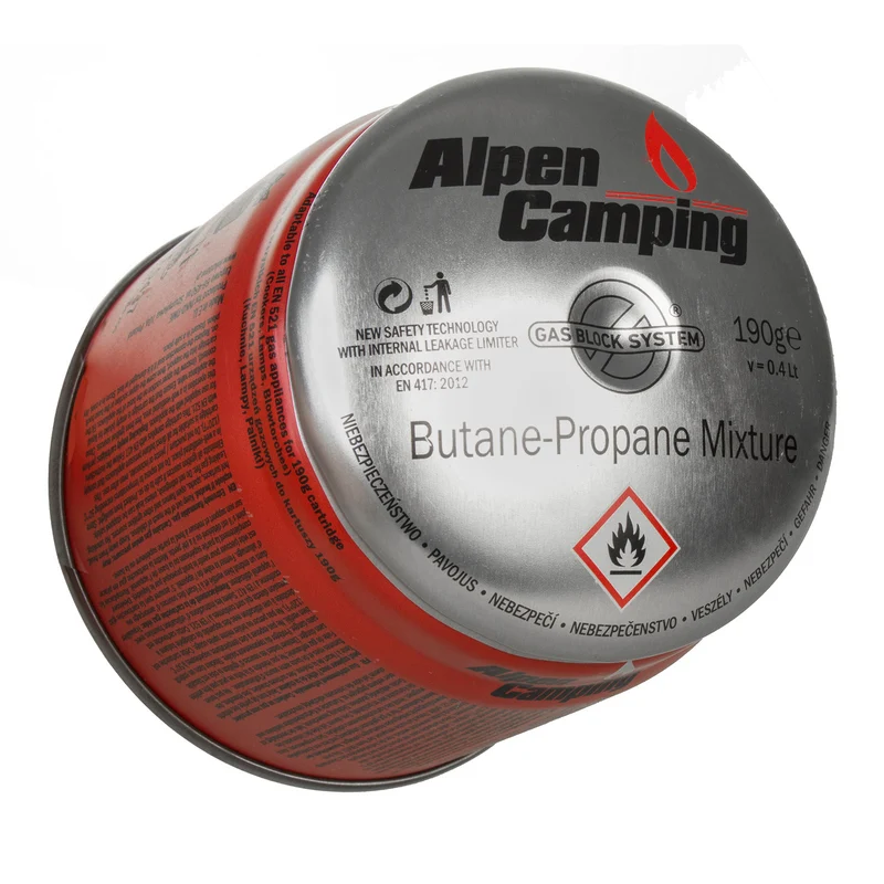 24x Alpen Camping 400 ml gaspatron, certifikat: Pi 0437, överensstämmer med EN417, propan-butan, område -10°c till + 40°c, GAS STOP-system IK006