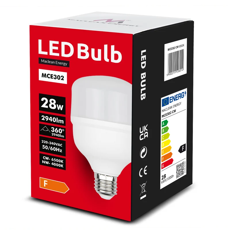 4x Maclean LED-lampa, E27, 28W, 220-240V AC, neutral vit, 4000K, 2940lm, MCE302 NW