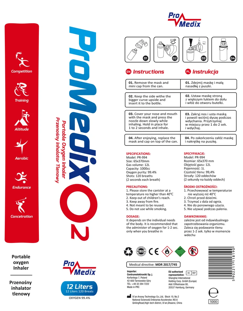Bärbar 99,4% syrgasinhalator Promedix 12L, PR-994, 5 enheter