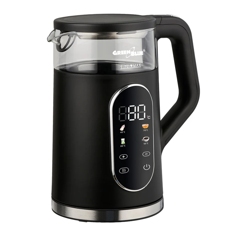 GreenBlue trådlös vattenkokare, volym 1,7 l, vattenbehållare i glas, tydlig display, temperaturval, 2200 W, GB670 B