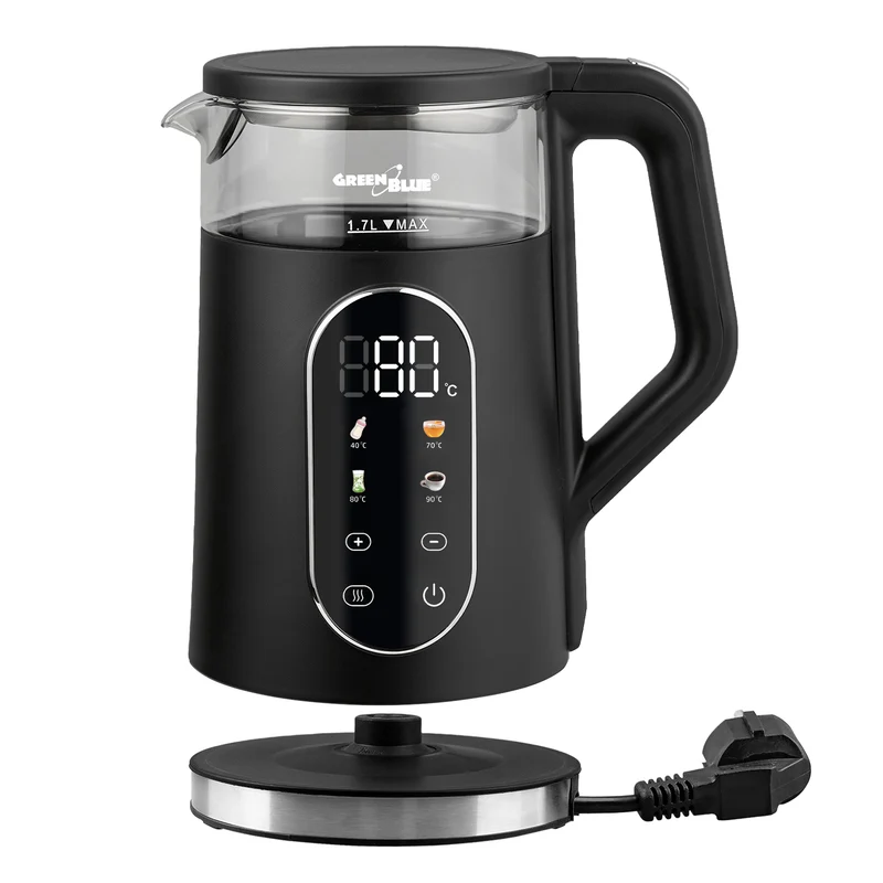 GreenBlue trådlös vattenkokare, volym 1,7 l, vattenbehållare i glas, tydlig display, temperaturval, 2200 W, GB670 B