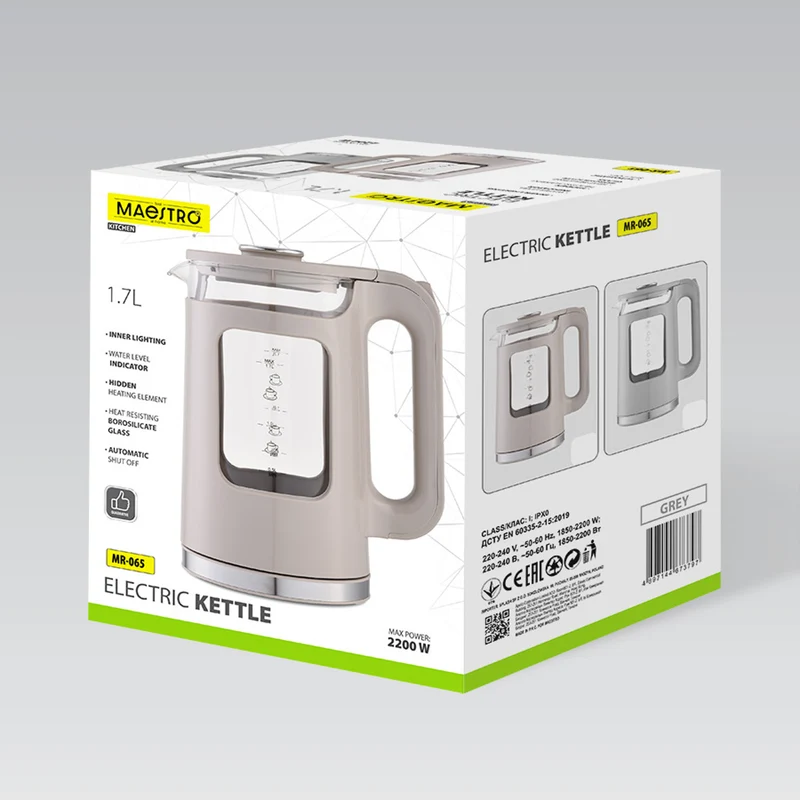 Maestro elektrisk vattenkokare i glas, volym 1,7 l, effekt 2200 W, vattennivåindikator, LED-belysning, vridbar bas, färg: grå, MR-065-GREY