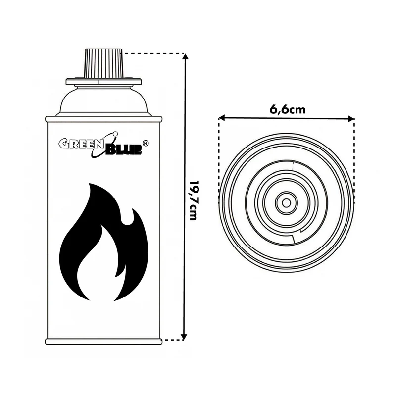 20 gaspatroner à 227 g GreenBlue. Certifikat: Pi 0875, uppfyller standarden EN417, butan, användningstemperatur -10 °C till +40 °C, GB227